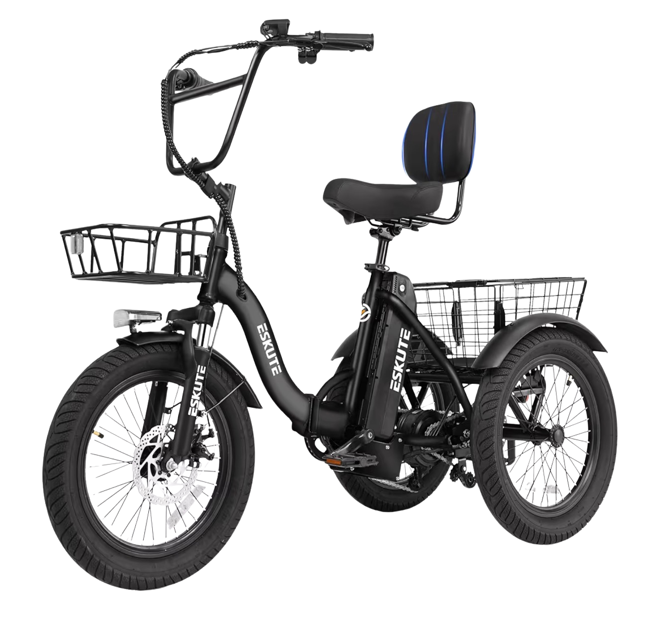 Electric tricycle with front and rear cargo baskets for rent on Florida Gulf Coast